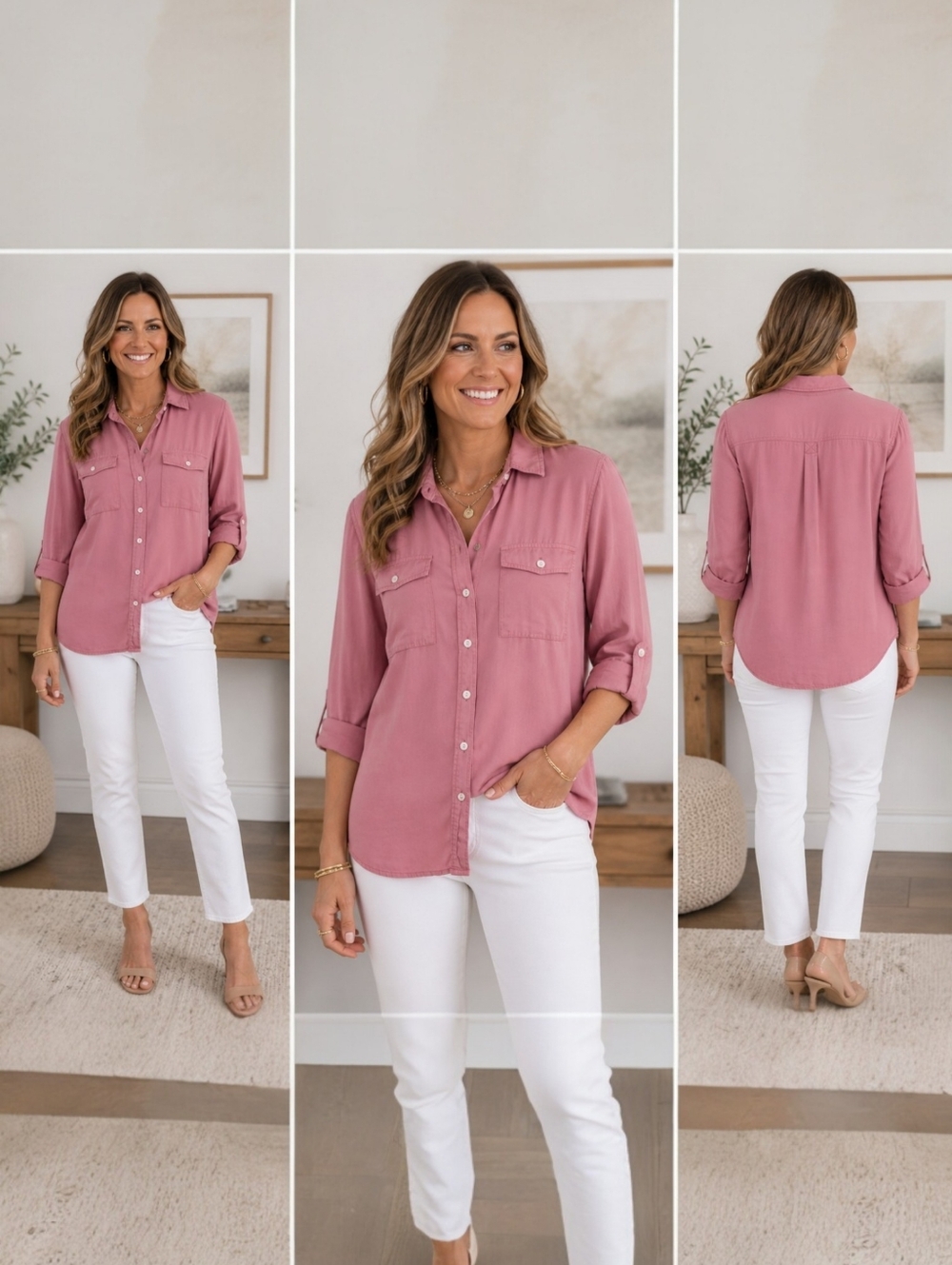 Talbots Blush Pink Lyocell Button Down Blouse NWT Roll Tab Sleeve Soft Draped